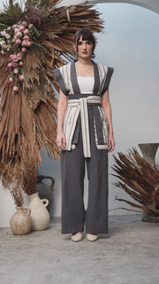 Dark Grey Stripe Ikat Kimono with Belt