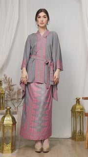 Grey Songket Kebaya Tunic Belt Sarong Set