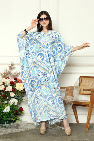 Blue Kanzi Long Sleeve Geometric Kaftan.