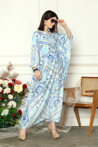 Blue Kanzi Long Sleeve Geometric Kaftan.