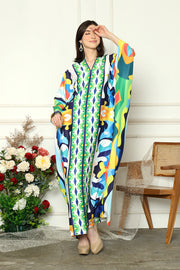 Green Kanzi Long Sleeve Abstract Kaftan.