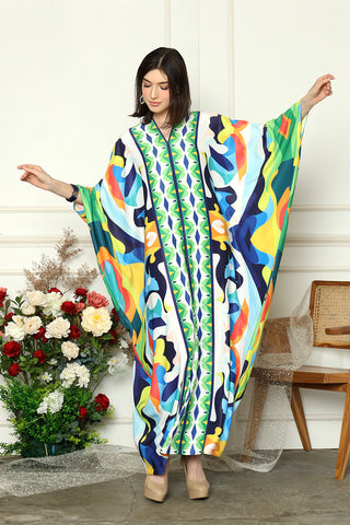 Green Kanzi Long Sleeve Abstract Kaftan.