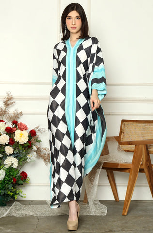 Blue Monochrome Long Sleeve Abstract Kaftan