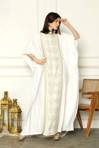 White Short Sleeve Plain Songket Kaftan