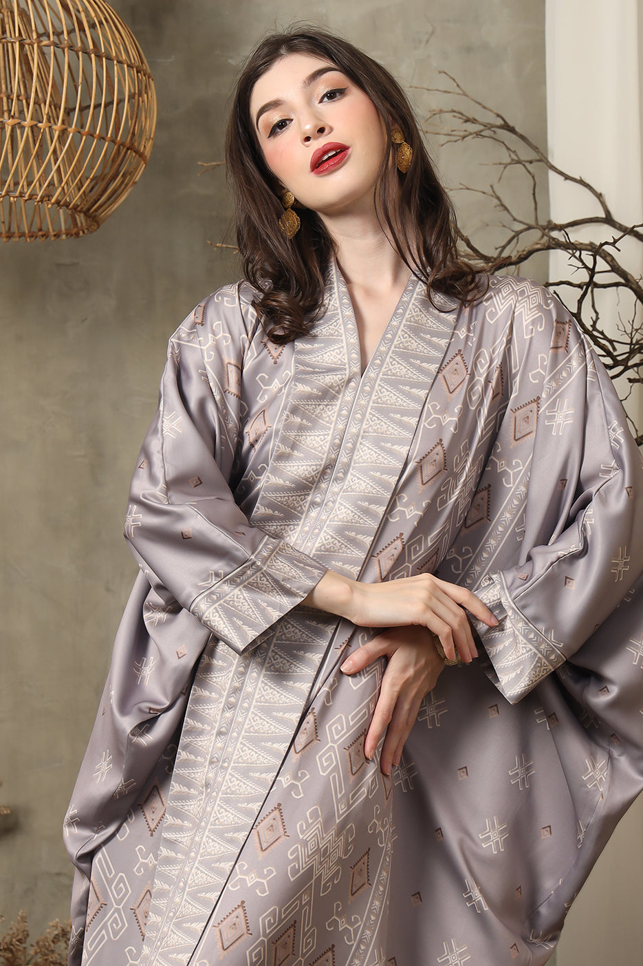 Ash Grey Ikat Long Kebaya Kaftan Kanzi Collection