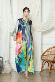 Blue Stripe Abstract Long Sleeve Kaftan