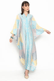 Kanzi Long Sleeve Blue Geometric Kaftan